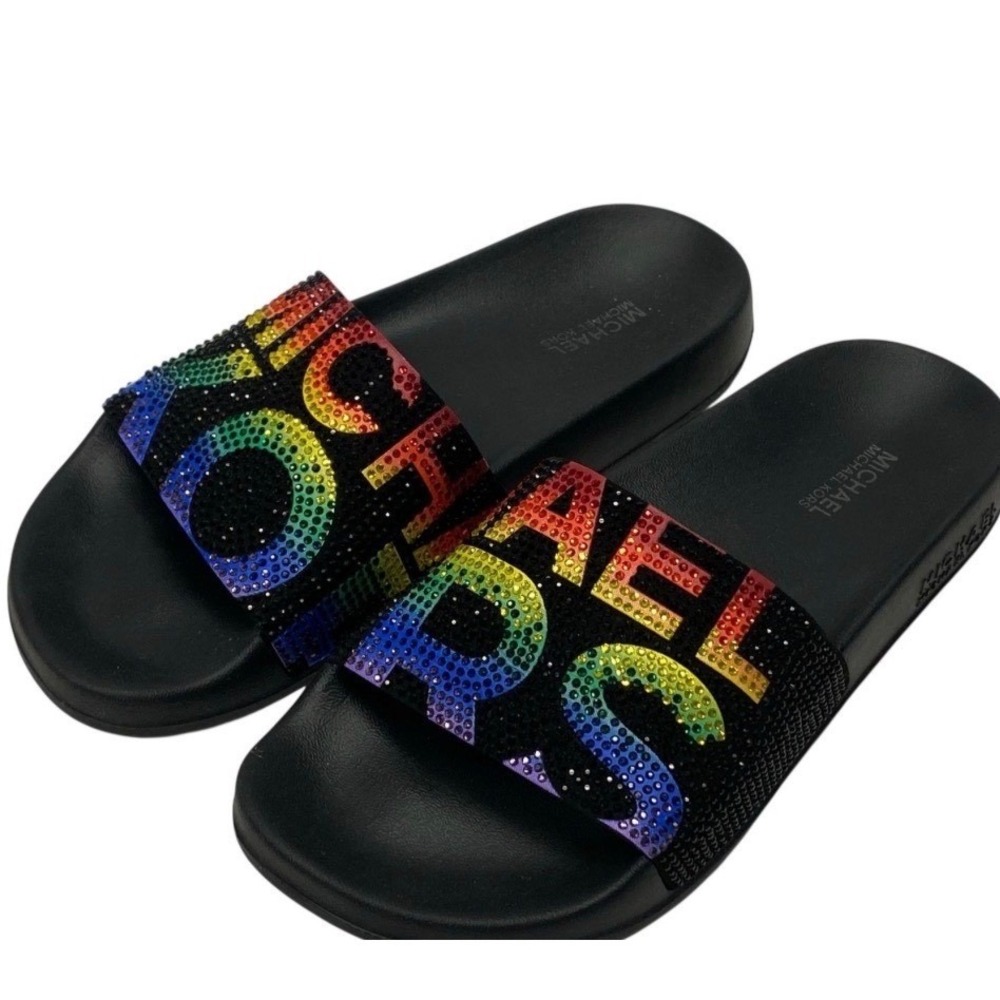 Michael Kors Women Gilmore‎ Rainbow Black Crystal Slide Sandals 5M Show